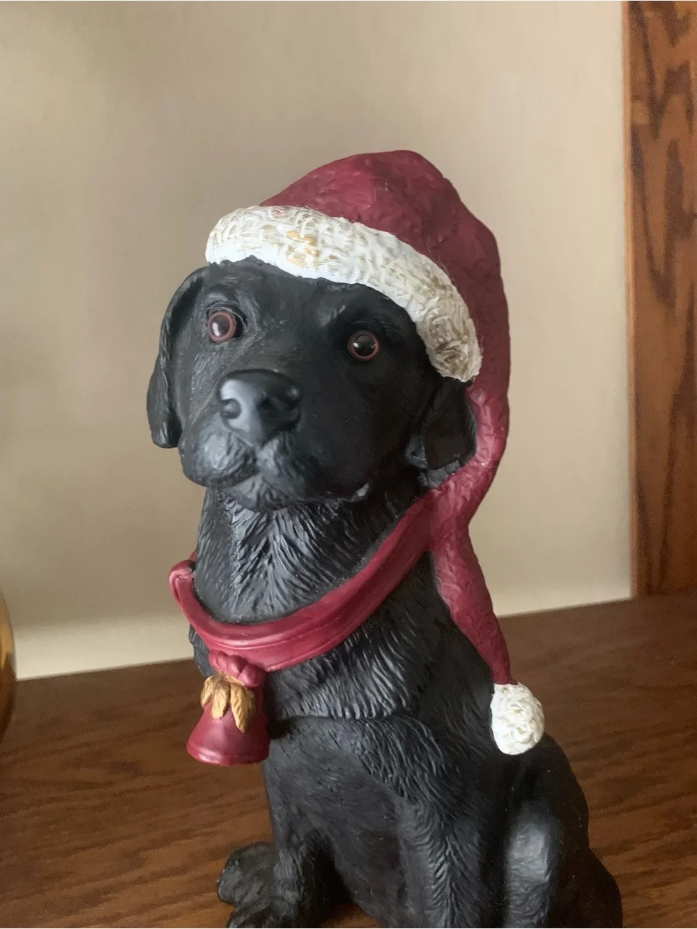 Black Labrador Figurine with Red Holiday Hat - Decorative Pet Decor